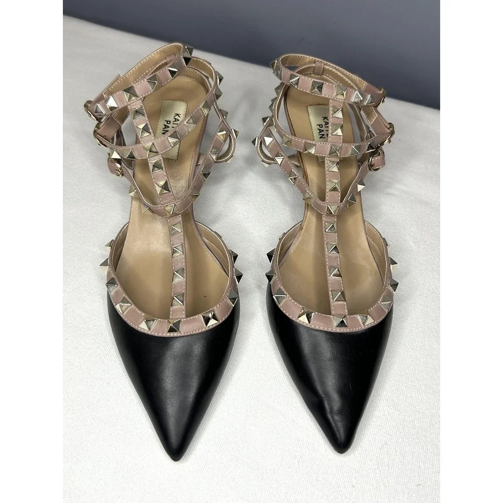 Kaitlyn Pan Shoes Womens 9 Black Studded Strappy Ankle Strap Pointed Toe Heels